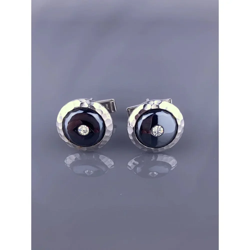 Hematite Rhinestone Silver Tone Cufflinks Hammered Edge Round Vintage